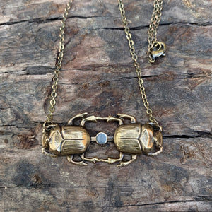 Brass dual scarab with silver stone set necklace Necklaces Salt and Steel Jewelry 
