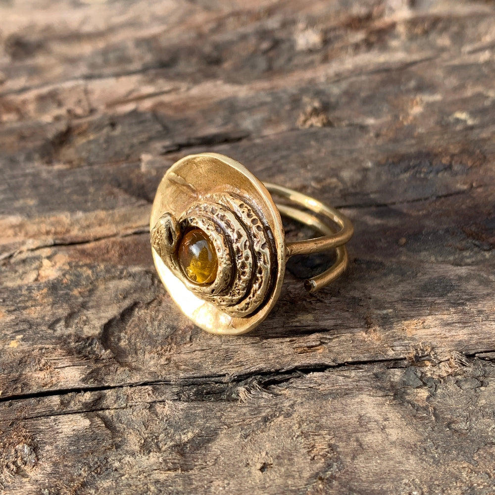 
            
                Load image into Gallery viewer, Coiled Snake ring Rings Salt and Steel Jewelry Brass + Amber adjustable 
            
        