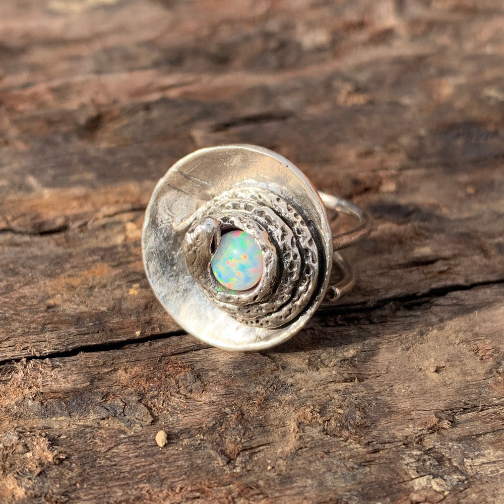 Coiled Snake ring Rings Salt and Steel Jewelry Silver + Opal adjustable 