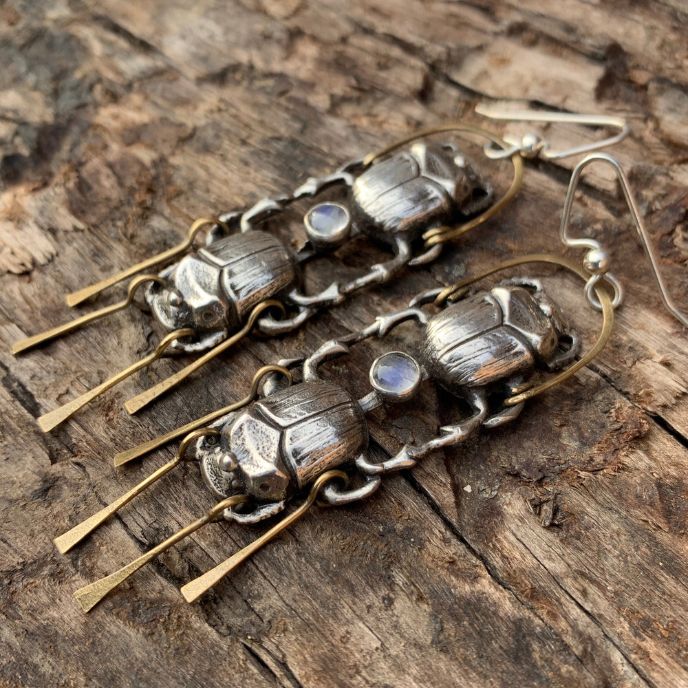 Dual scarab earrings w/ rainbow moonstone Salt and Steel Jewelry 